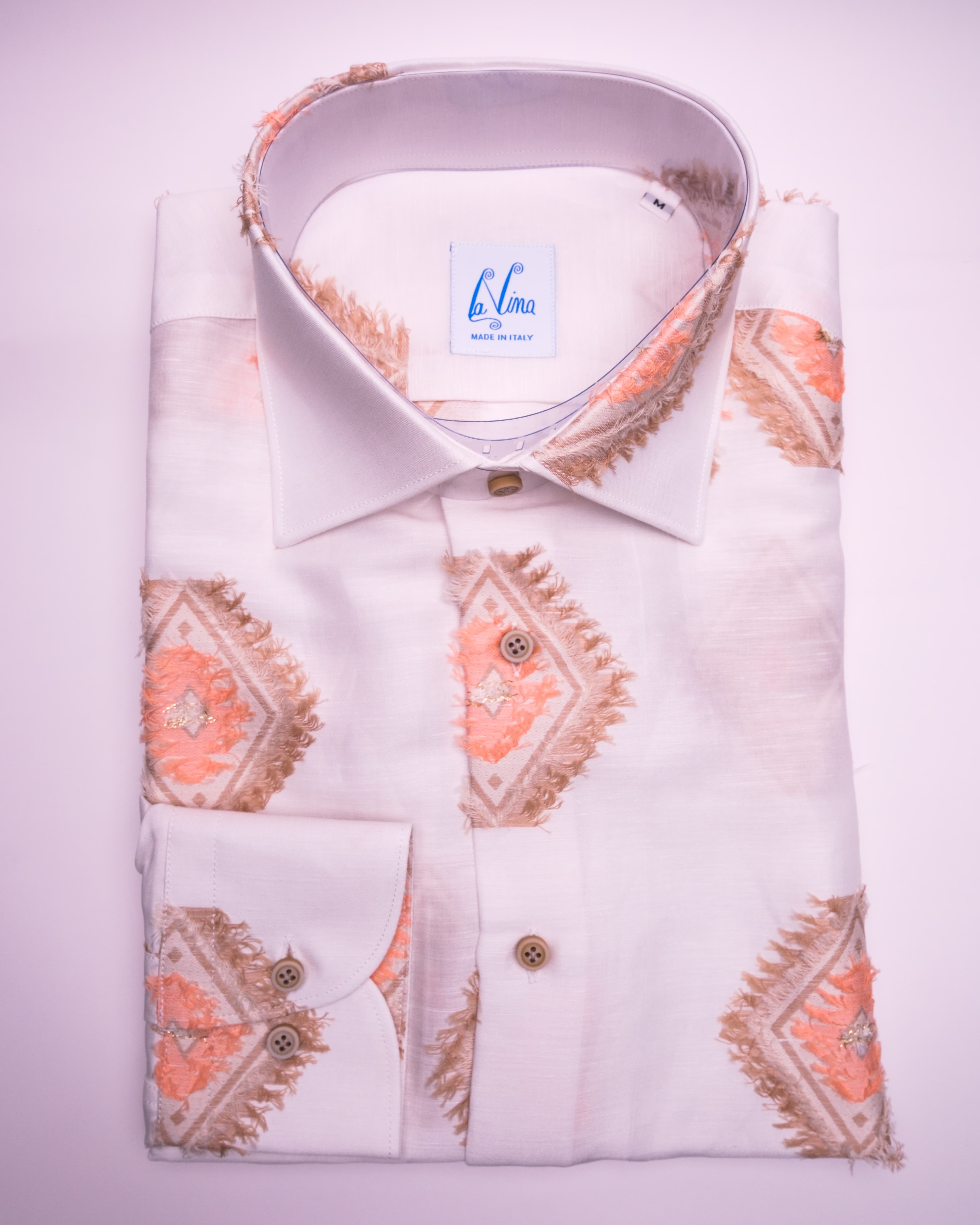 Long Buttons - White Linen Frayed Coral Kaki Gold Print