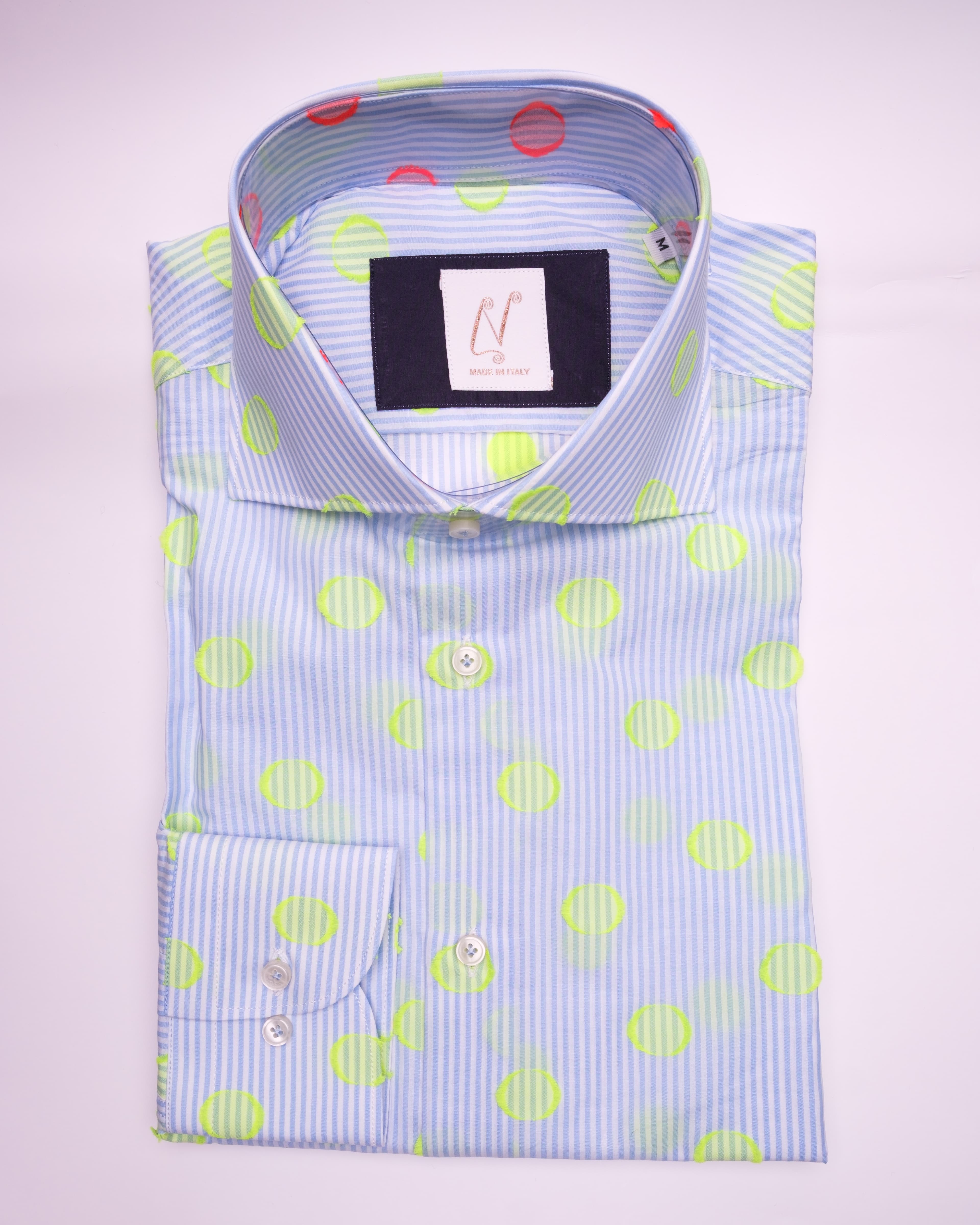Long Buttons - White Cotton Small Blue Stripes Lime Green Dot