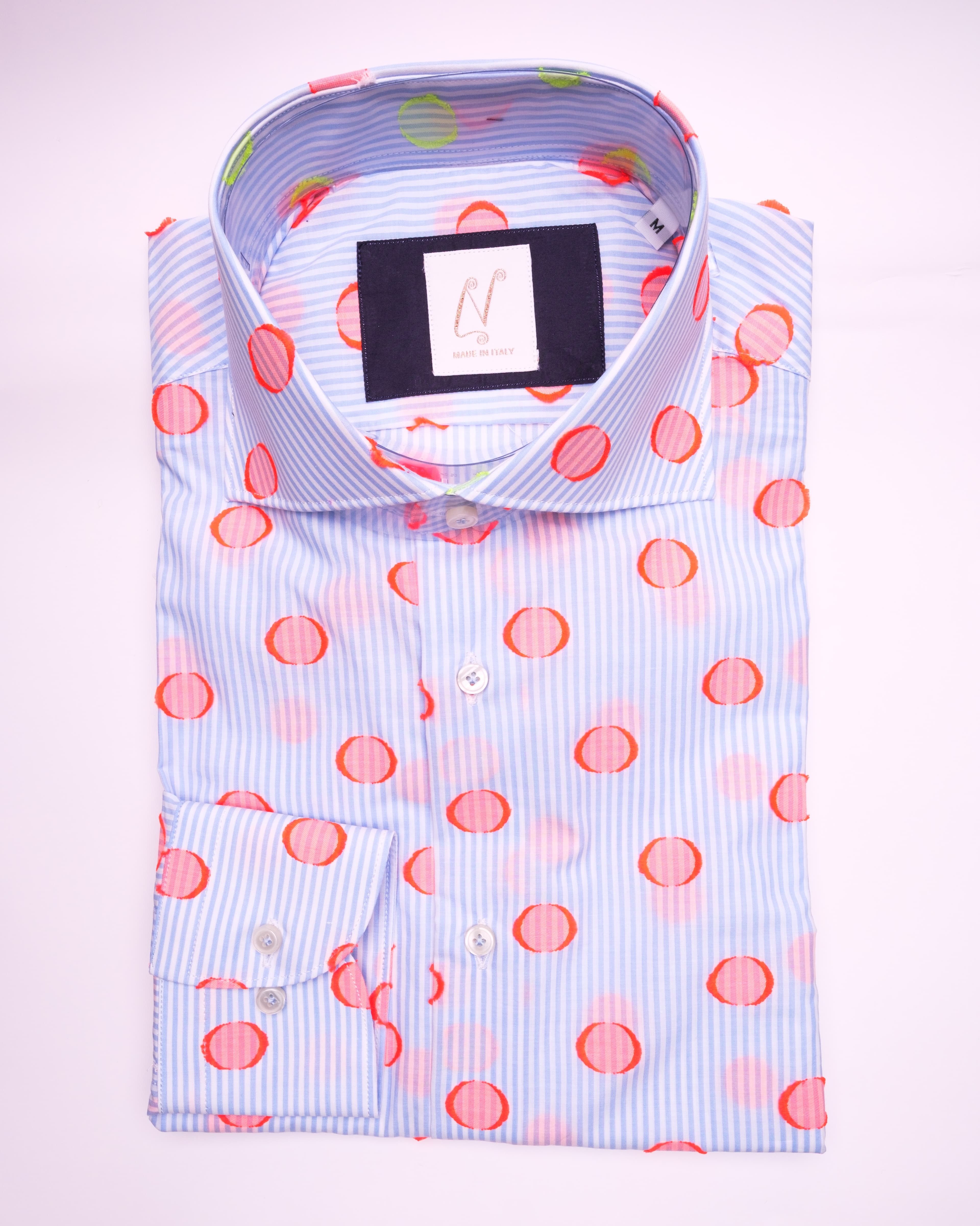 Long Buttons - White Cotton Small Blue Stripes Lime Orange Dot