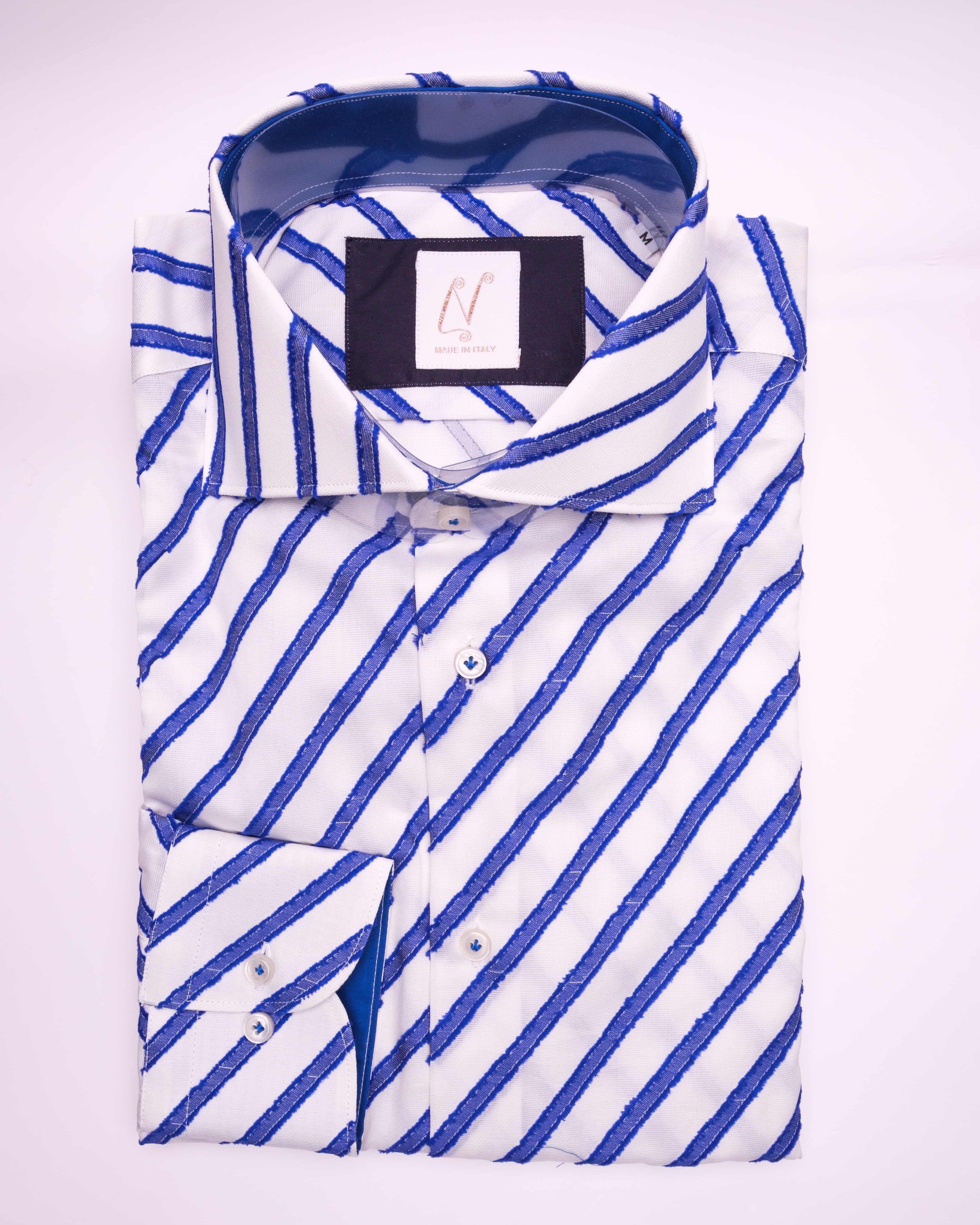 Long Buttons - White Cotton Frayed Blue Stripes