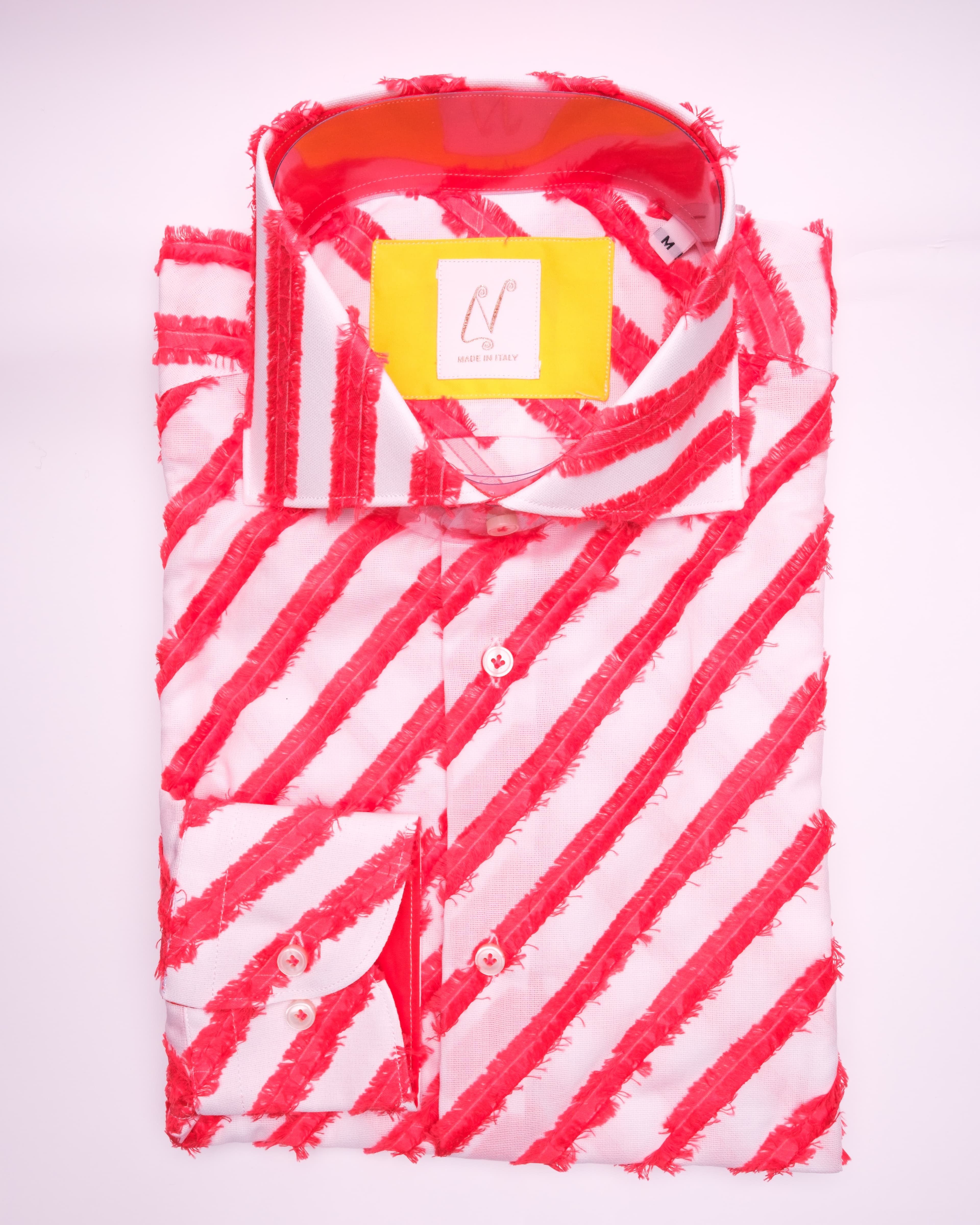Long Buttons - White Cotton Frayed Red Stripes