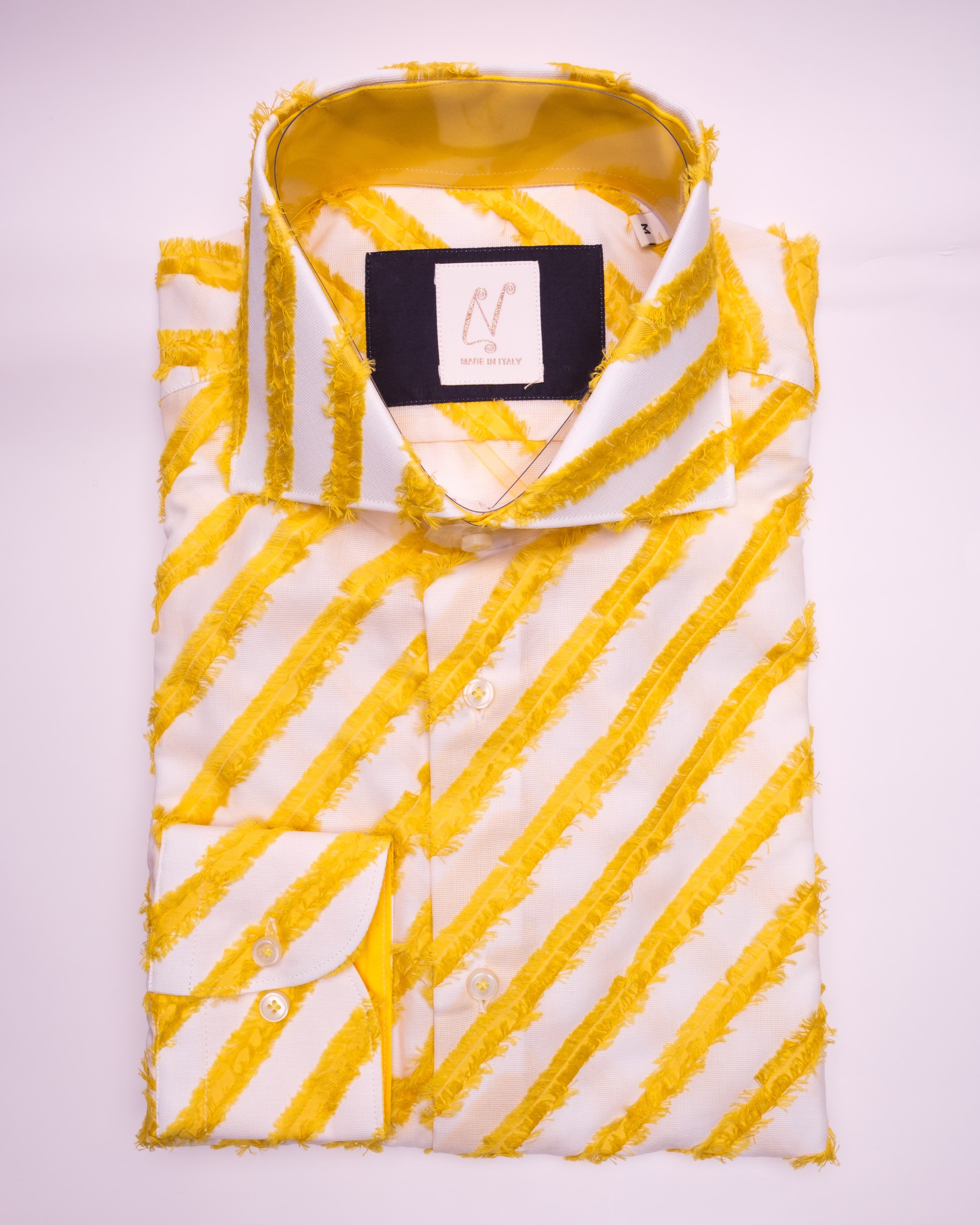 Long Buttons - White Cotton Frayed Yellow Stripes
