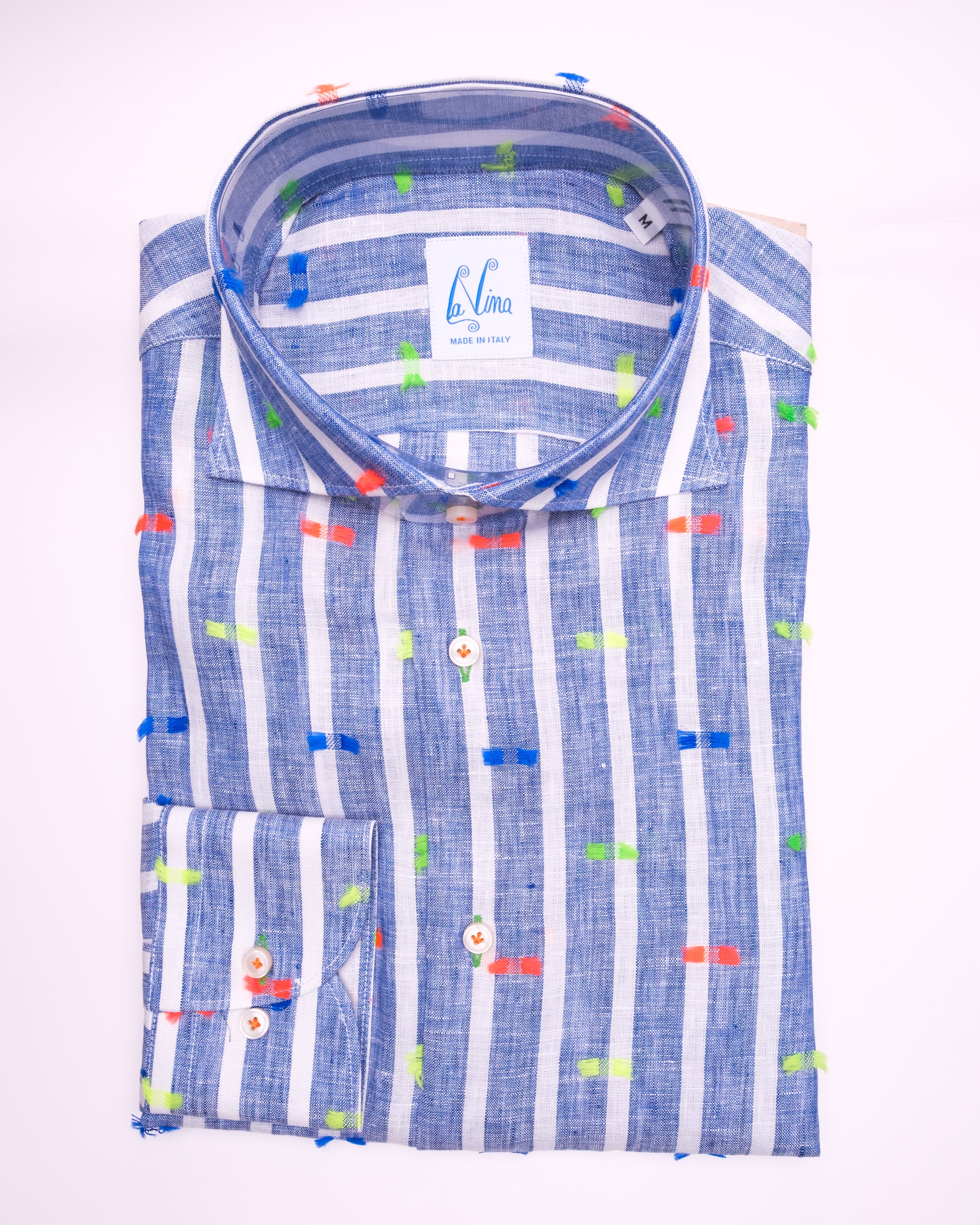 Long Buttons - Blue Linen White Blue Stripes Mlti Clor Frayed