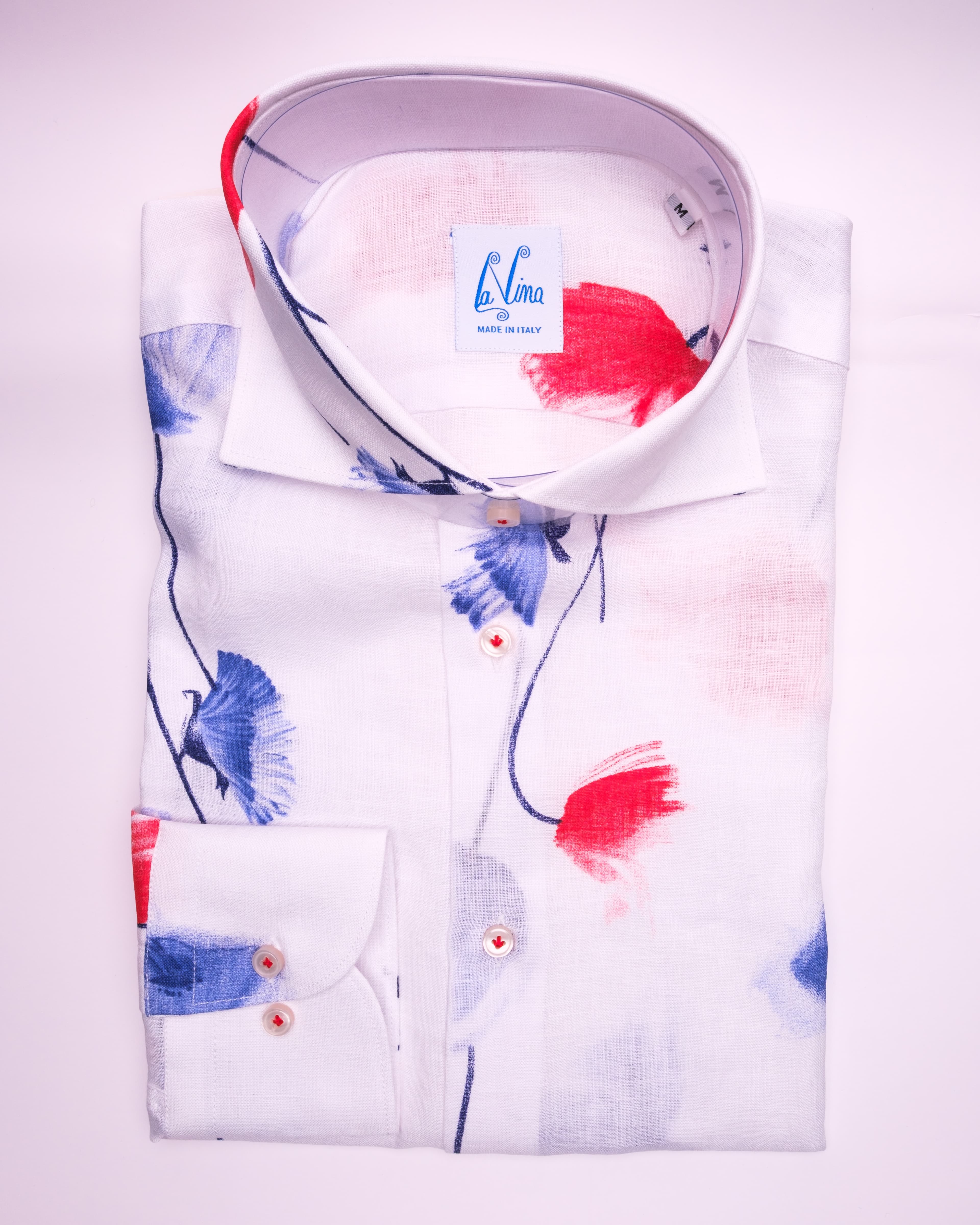 Long Buttons - White Linen Red Blue Floral