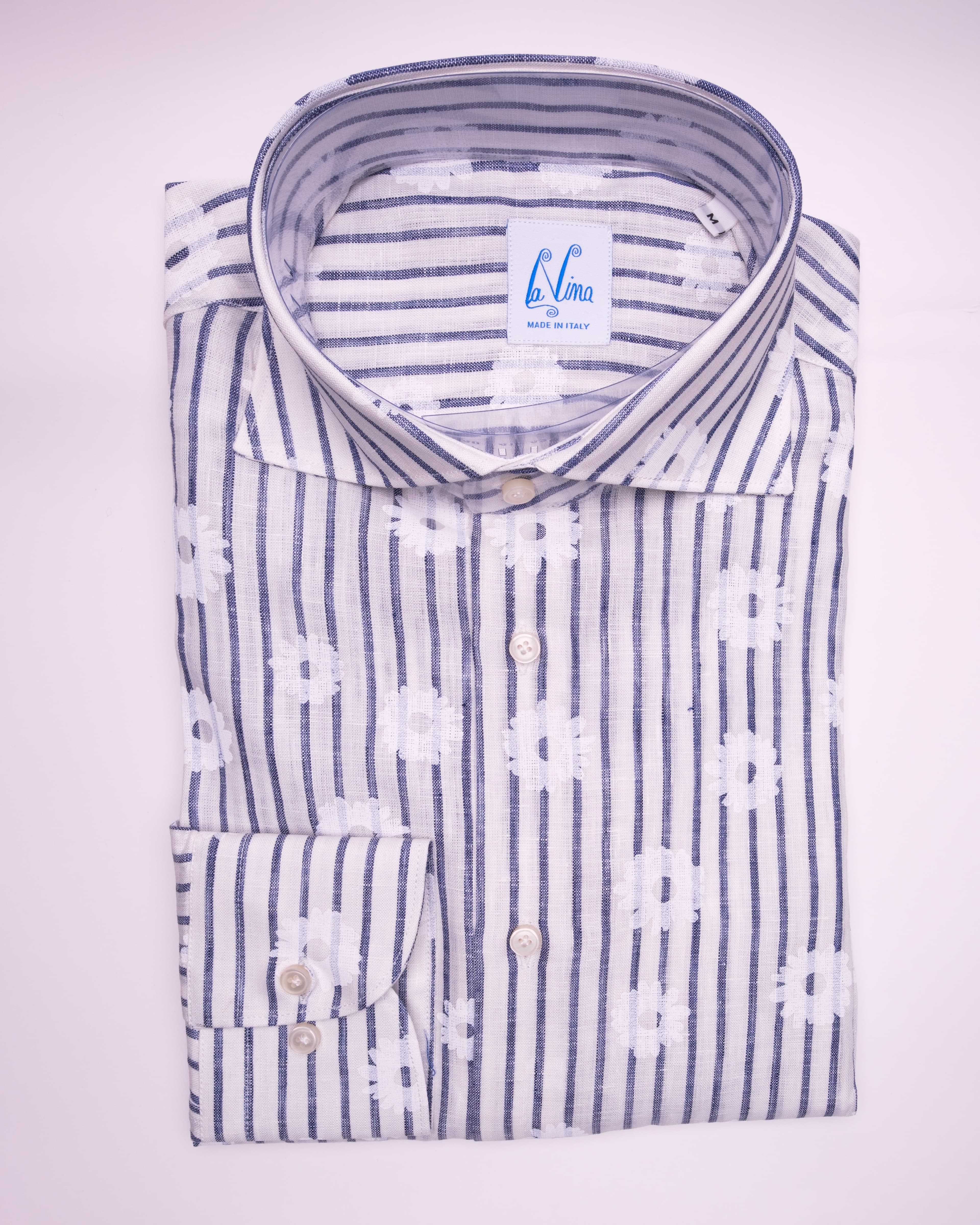 Long Buttons - White Linen Blue Strape White Flowers