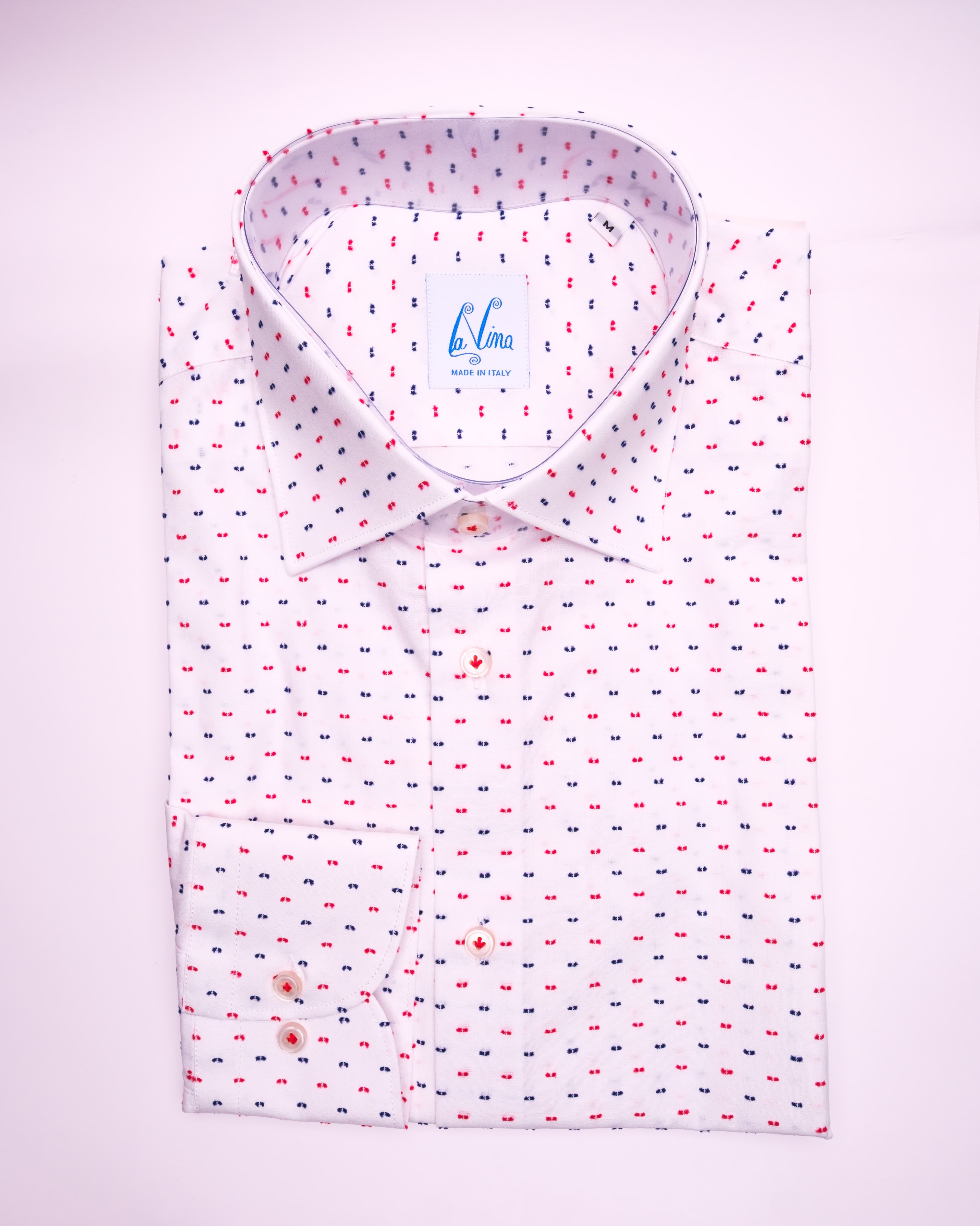 Long Buttons - White Cotton Frayed Red Blue Dot