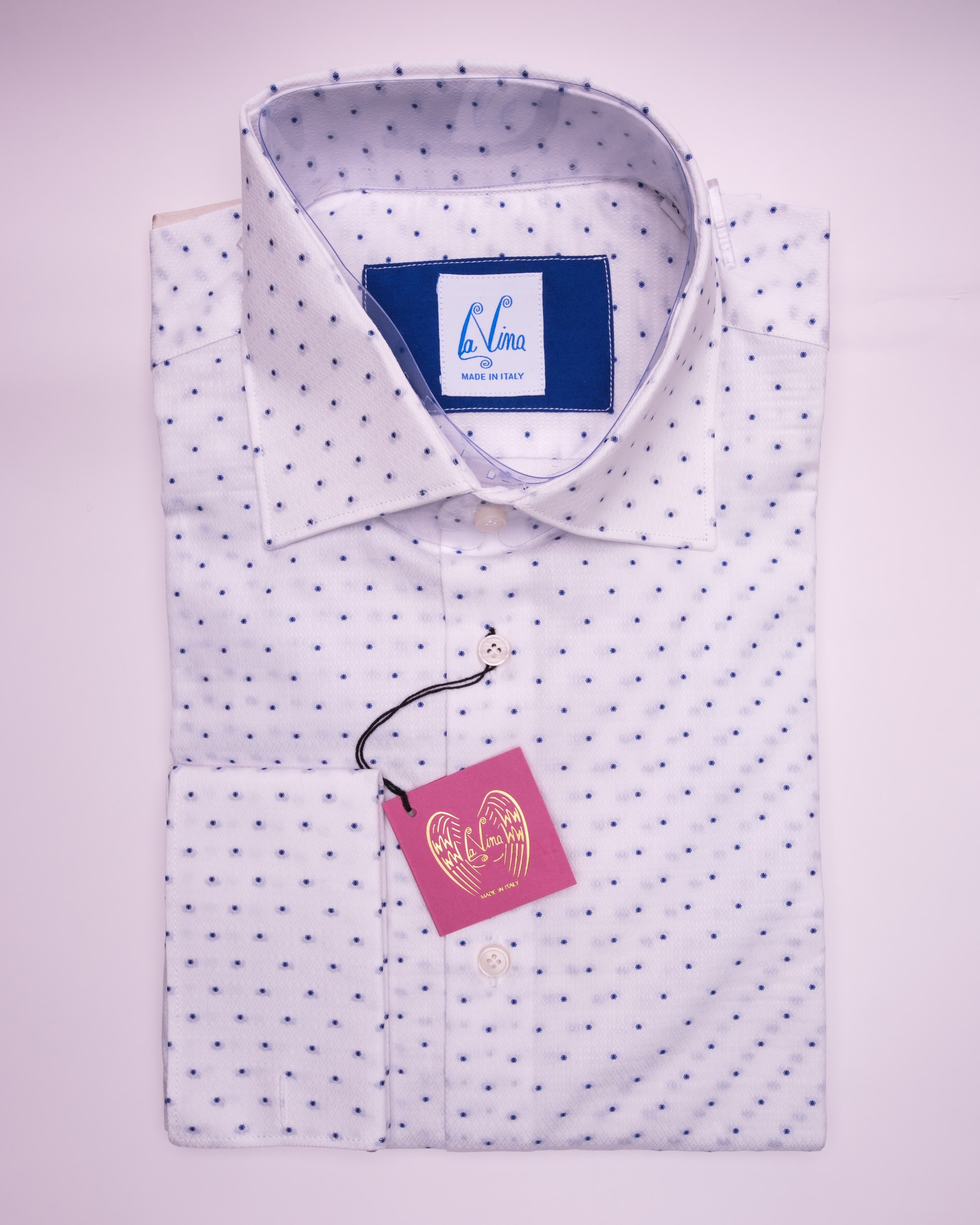 Long Cufflinks - White Cotton Royal Blue Dot