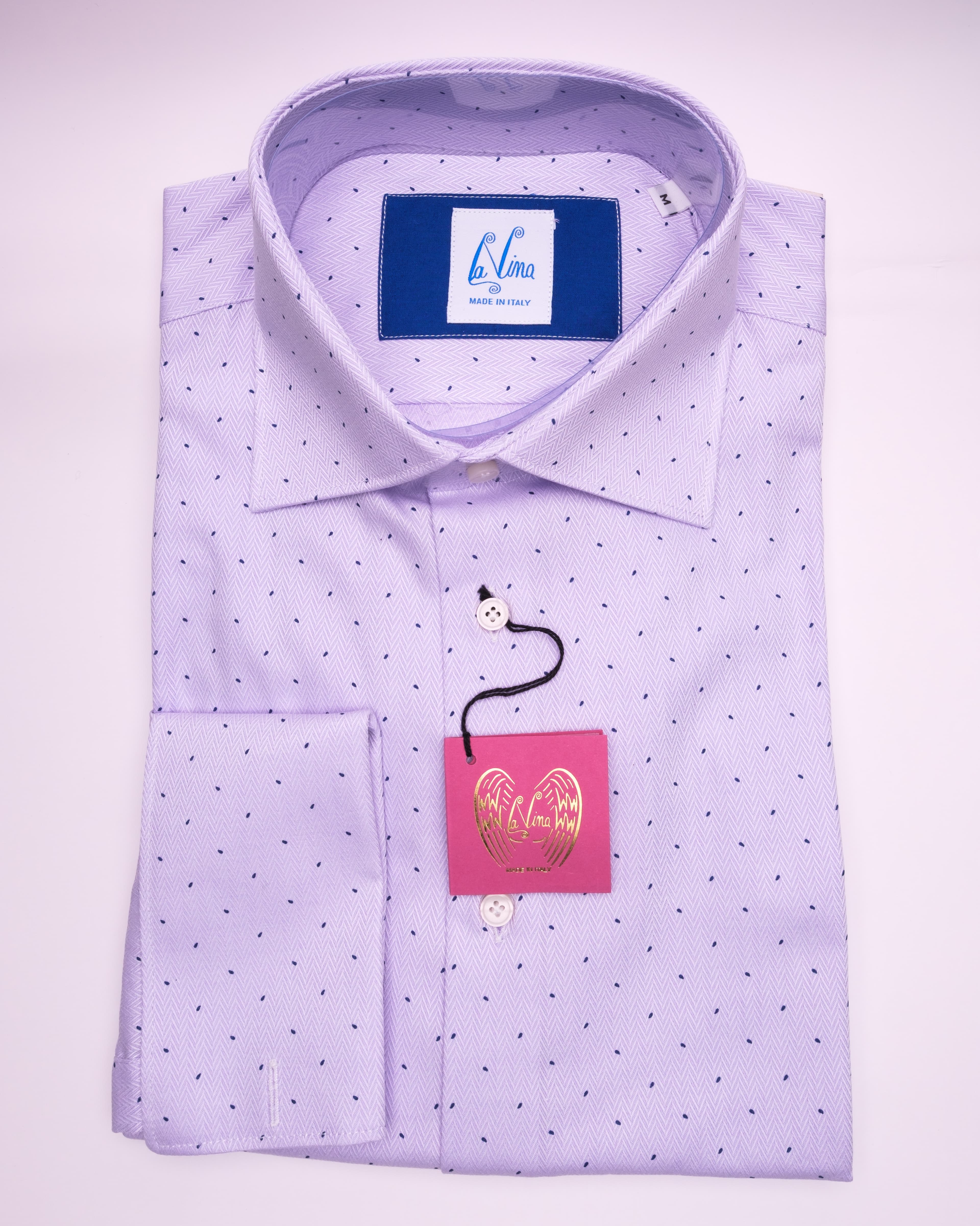 Long Cufflinks - Lilac Cotton Navy Blue Dot