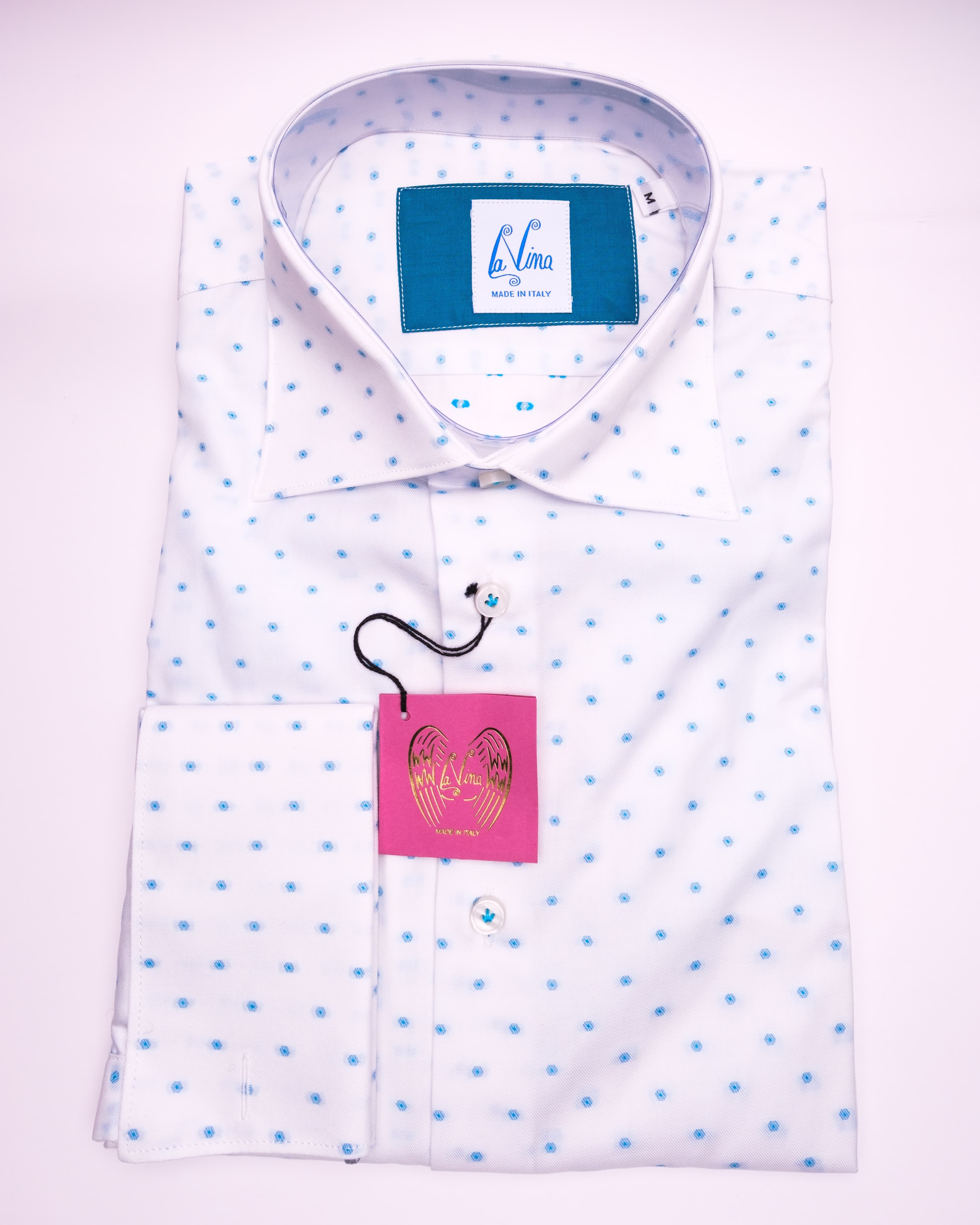 Long Cufflinks - White Cotton Aqua Dot