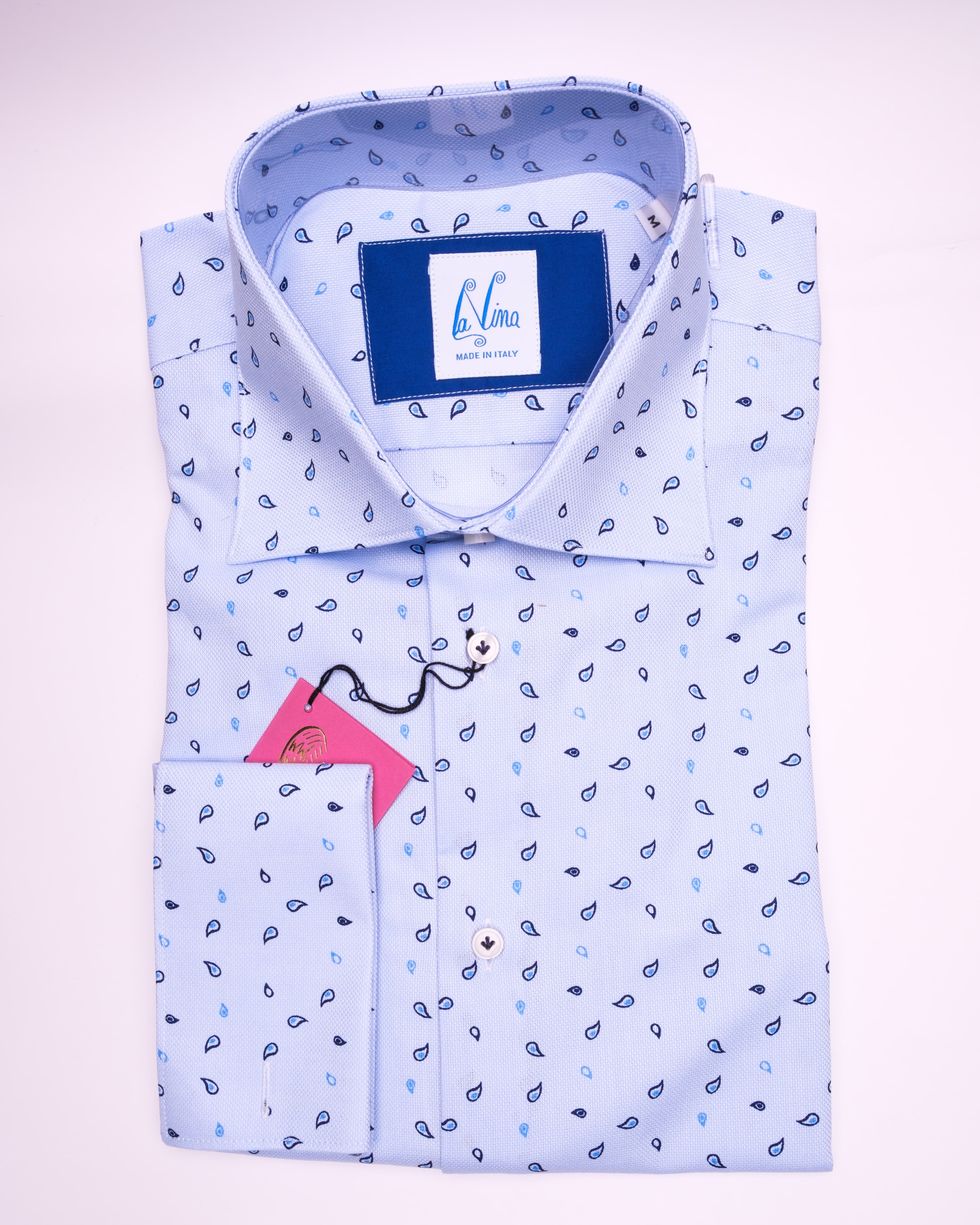 Long Cufflinks - Sky Blue Cotton Small Small Navy Blue Print