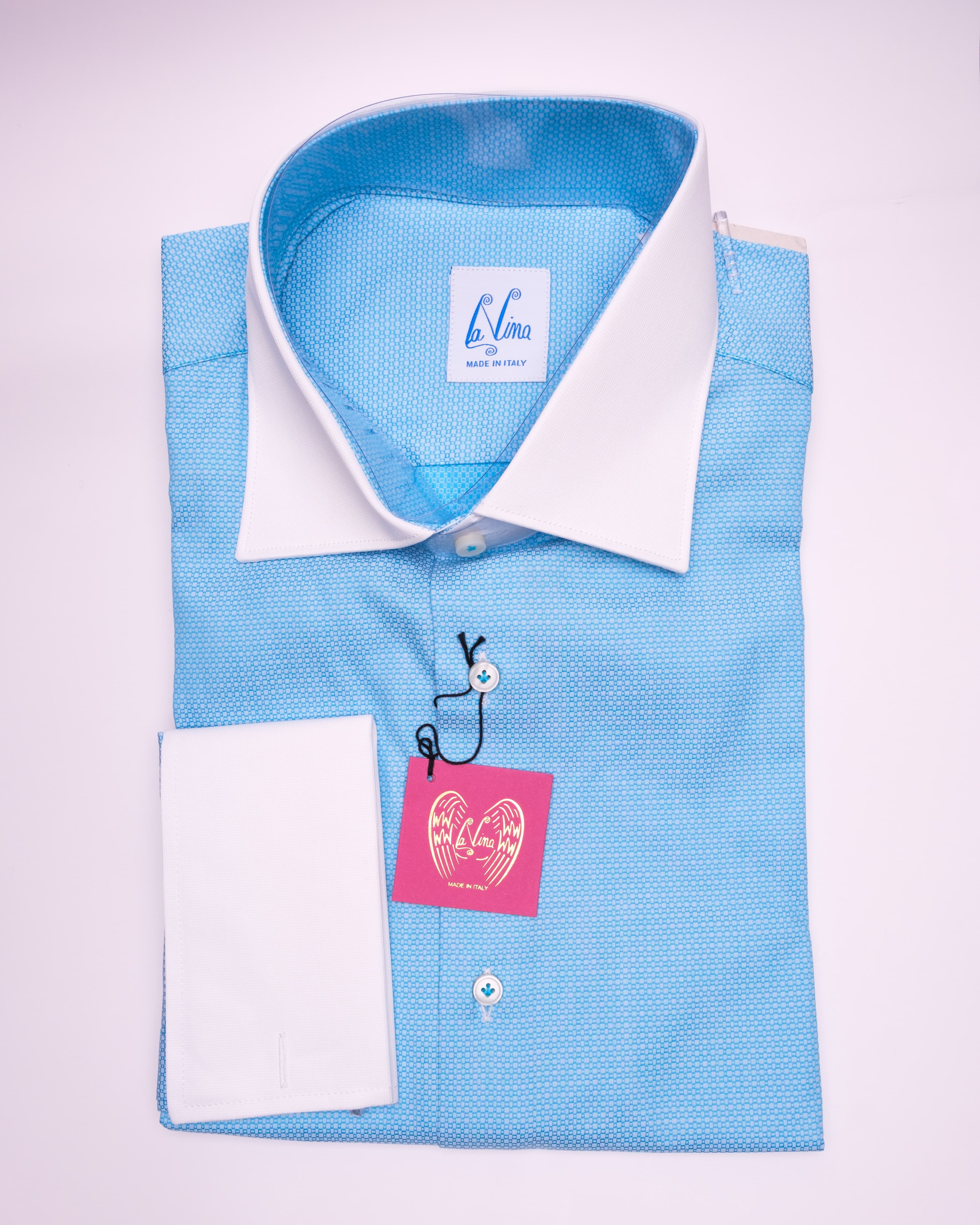 Long Cufflinks - Aqua Blue Cotton White Colar White Wrist