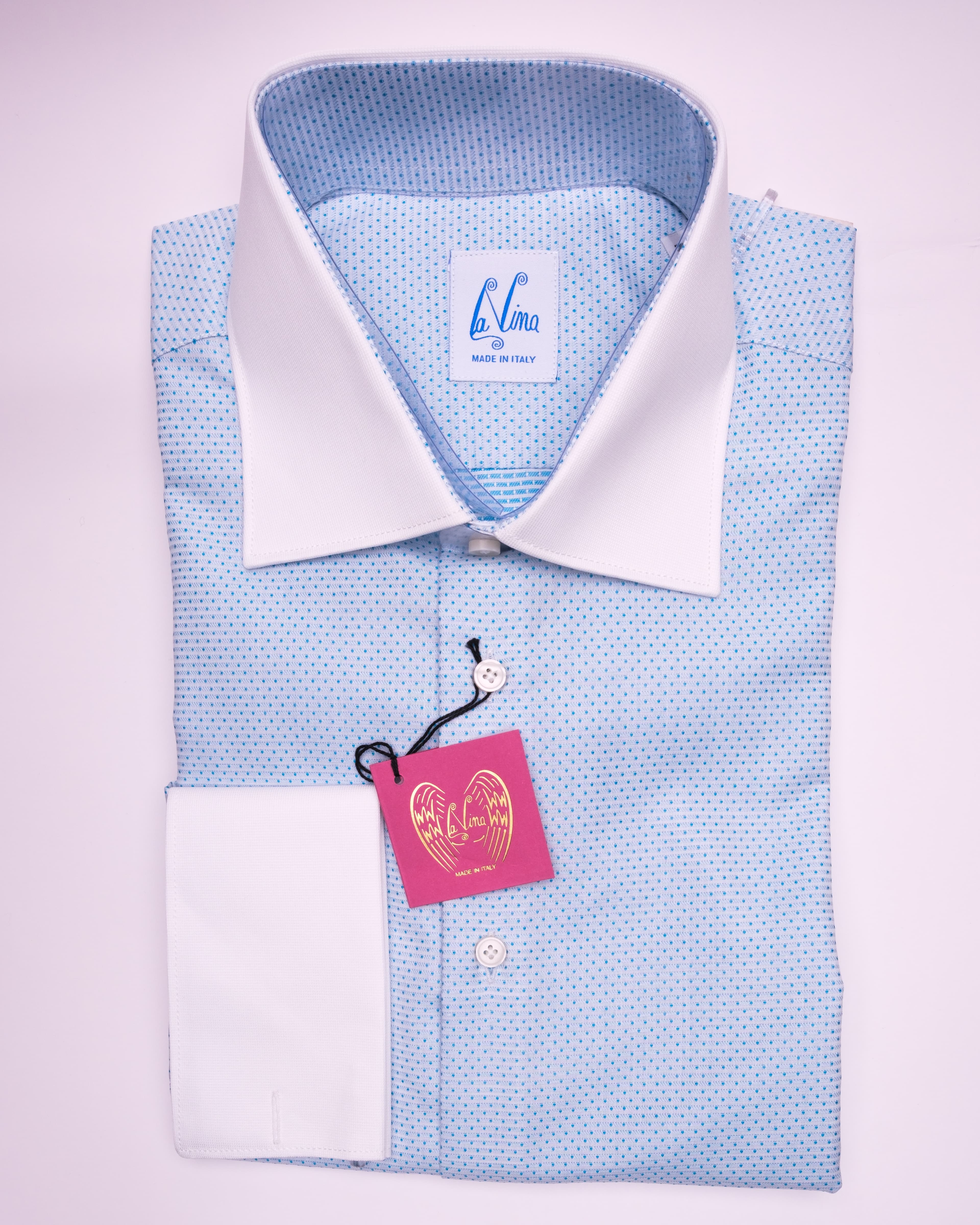 Long Cufflinks - Sky Blue Cotton White Colar White Wrist