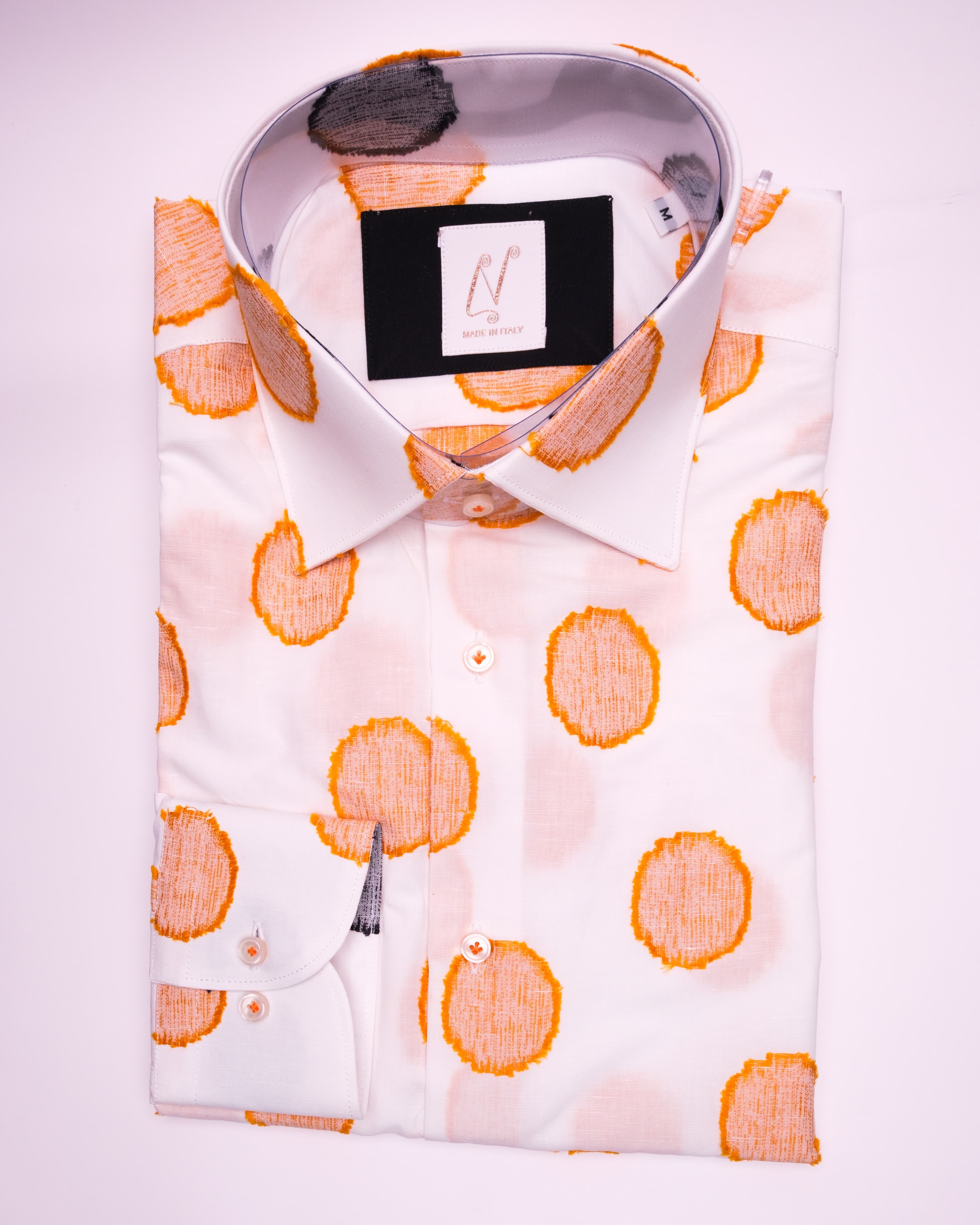 Long Buttons - White Linen Frayed Big Tangerine Dot
