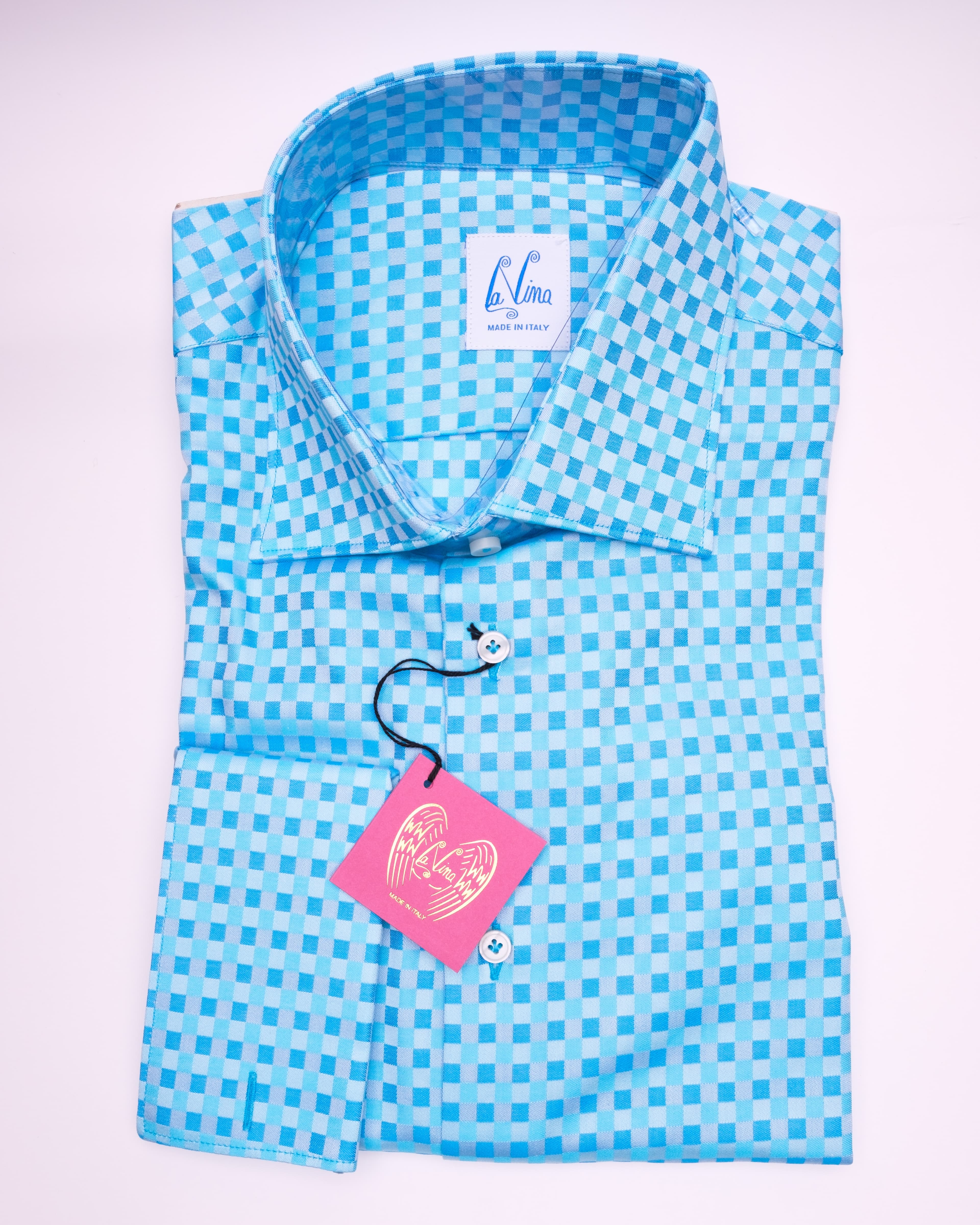 Long Cuflinks - Sky Blue Cotton Cyan Square Print