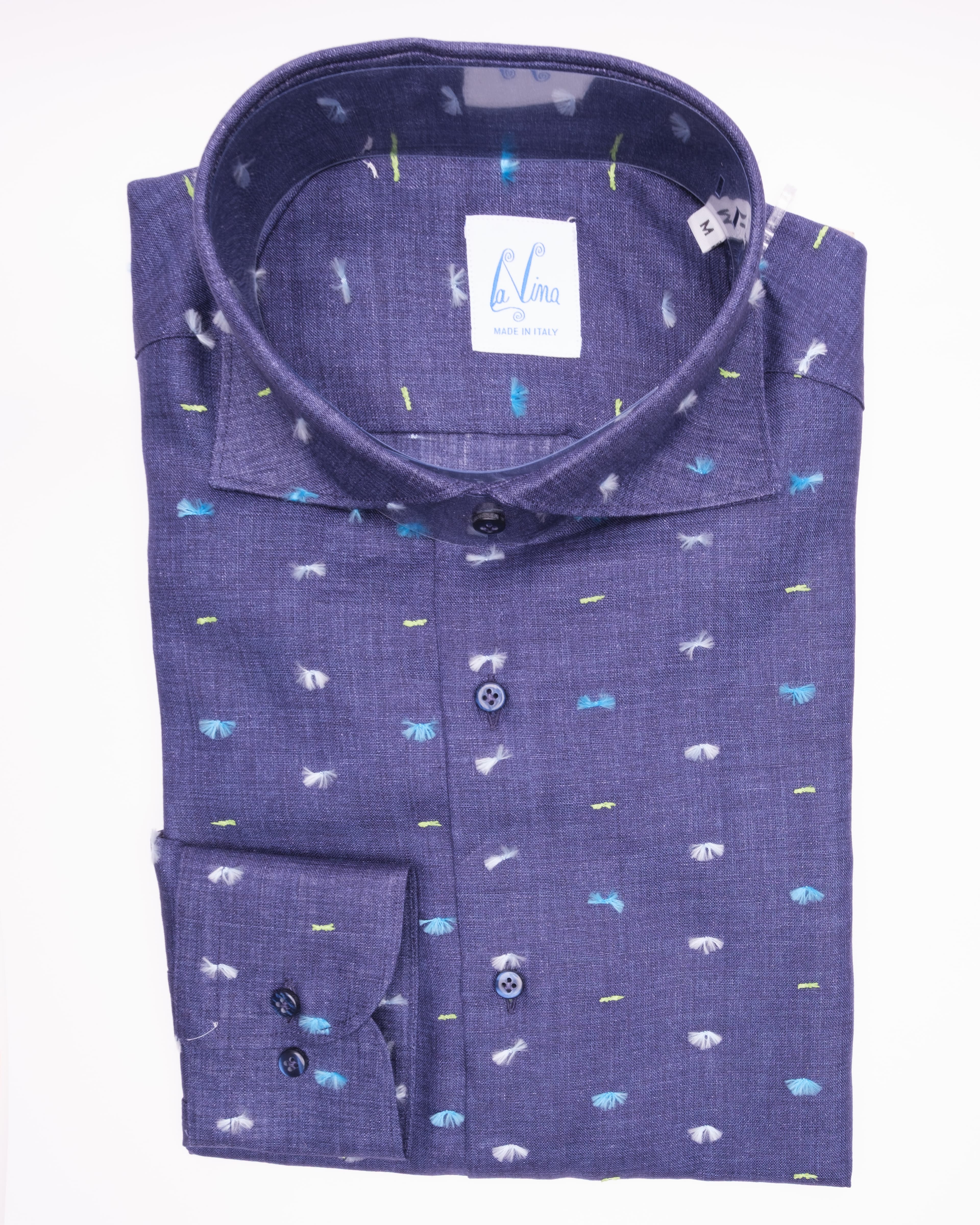 Long Buttons - Navy Blue Linen Frayed Aqua Lime White Dot