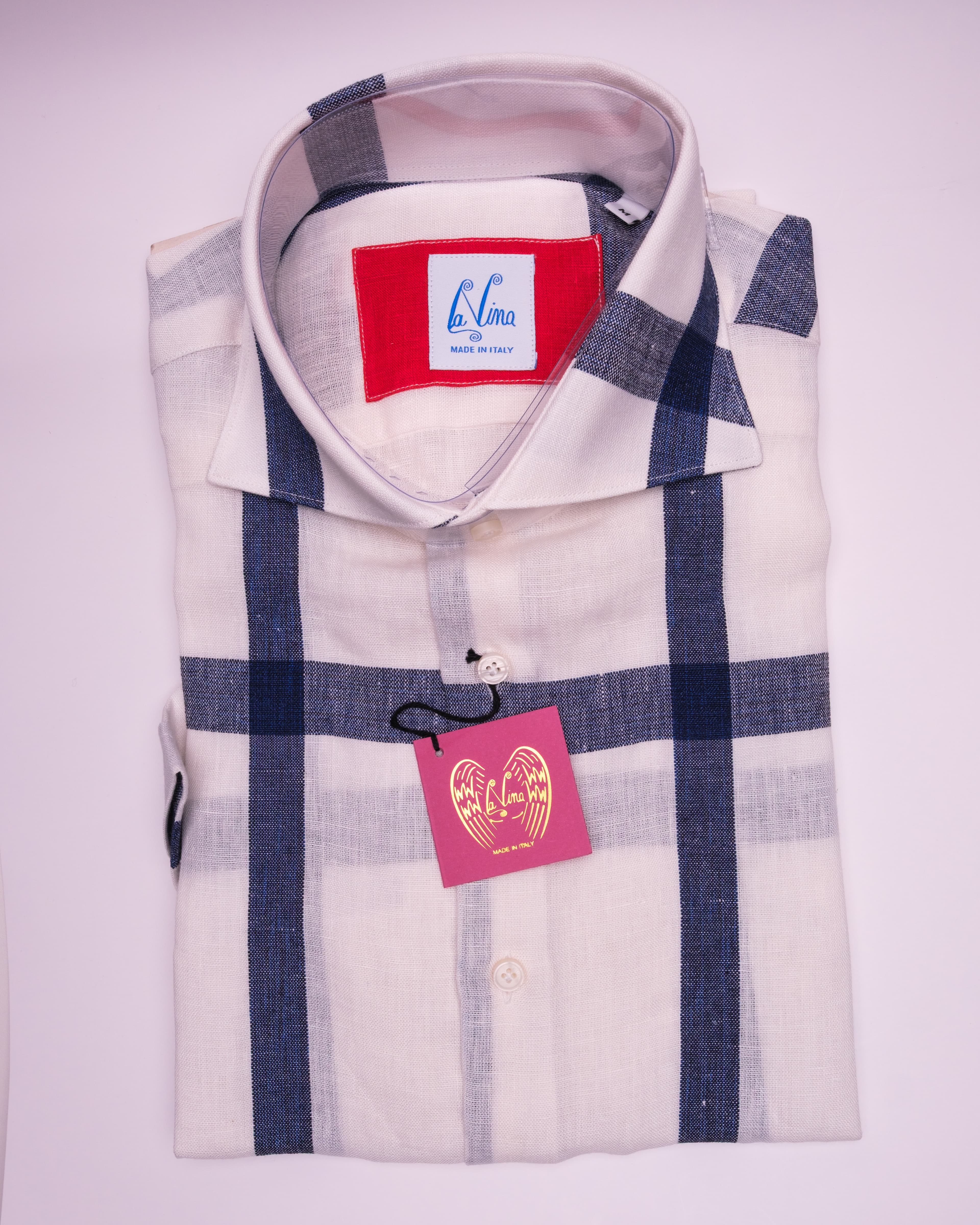 Short Sleeve - Beige Linen Navy Blue Big Stripes