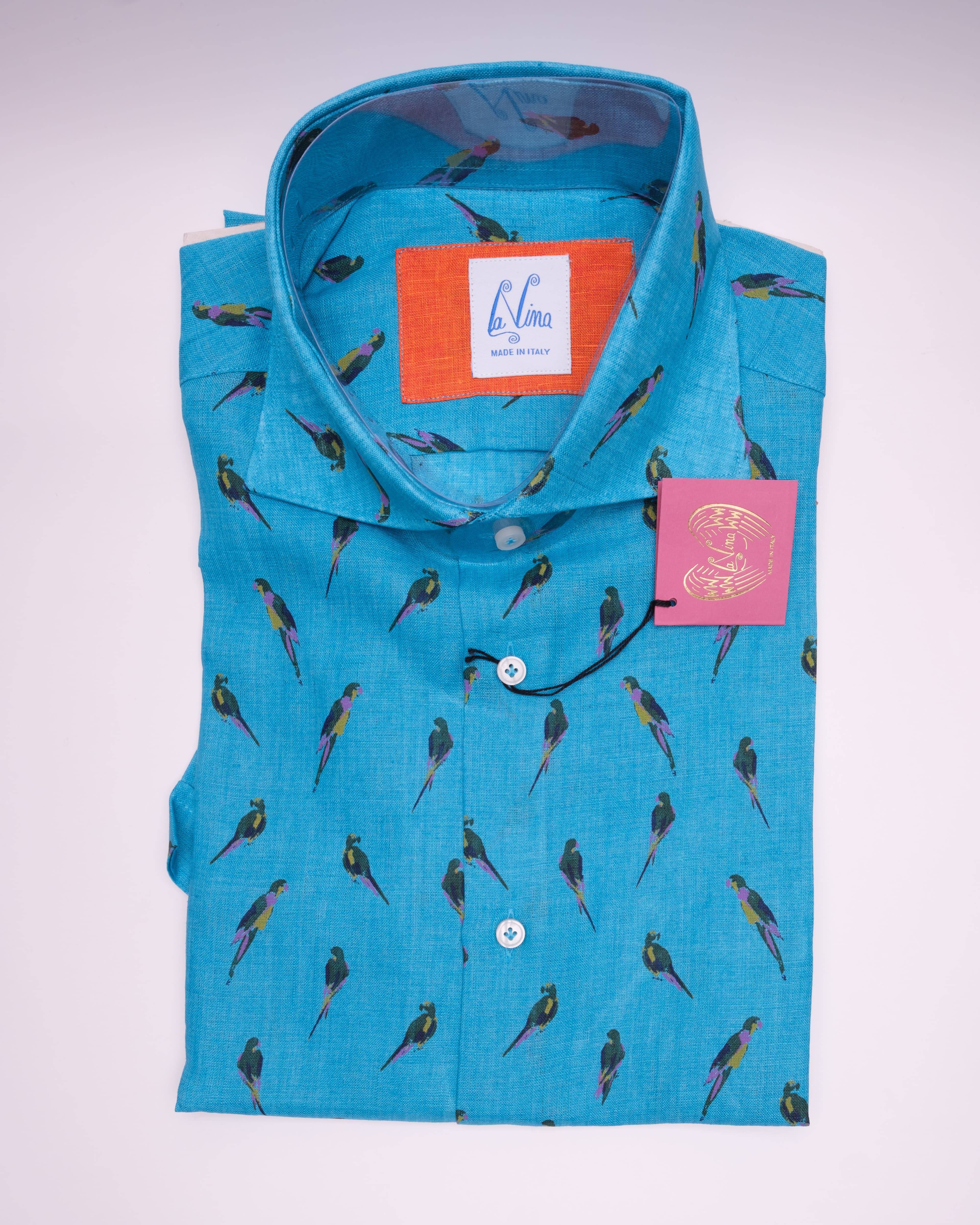Short Sleeve - Cyan Linen Birds Print