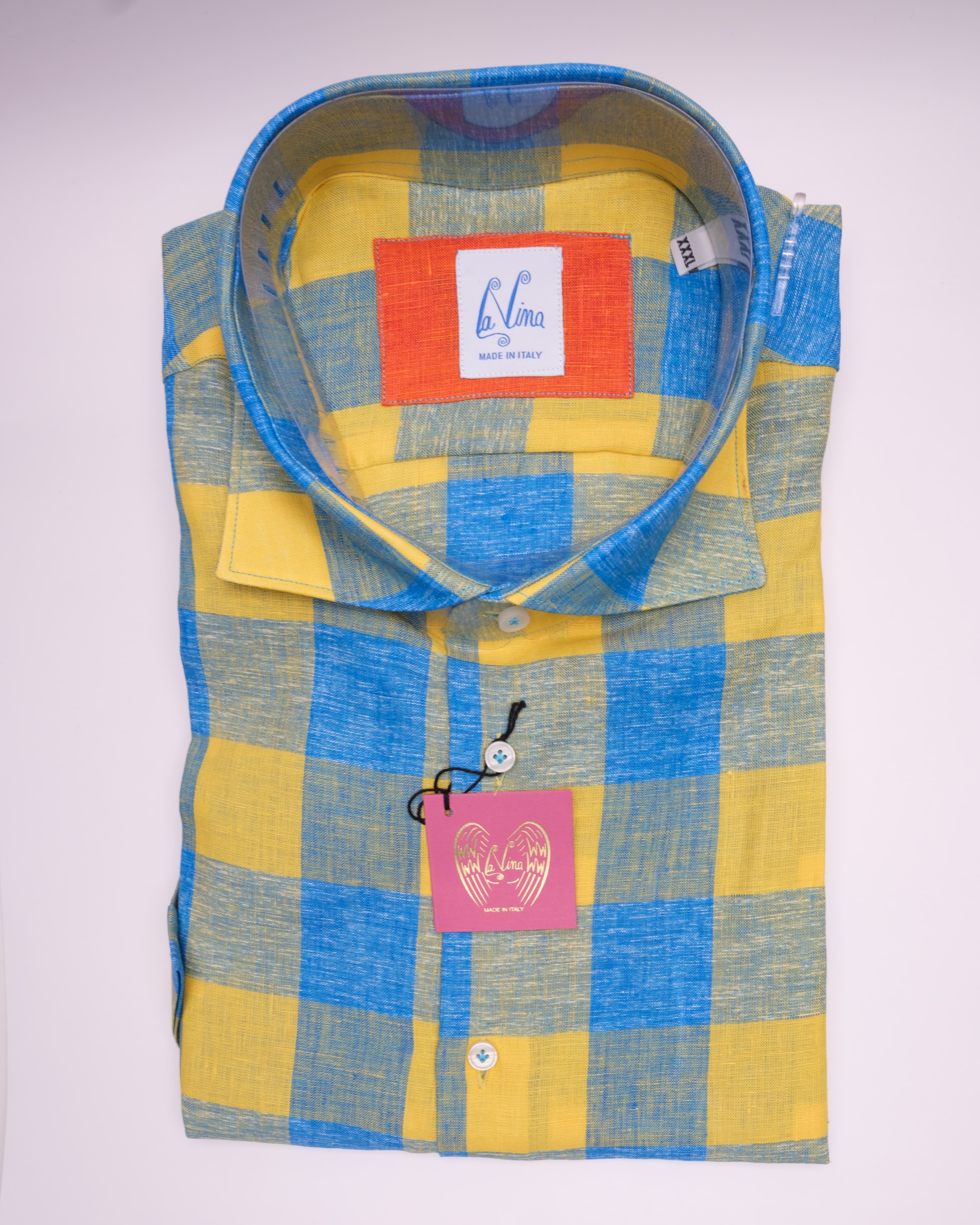 Short Sleeve - Yellow Linen Navy Blue Medium Square