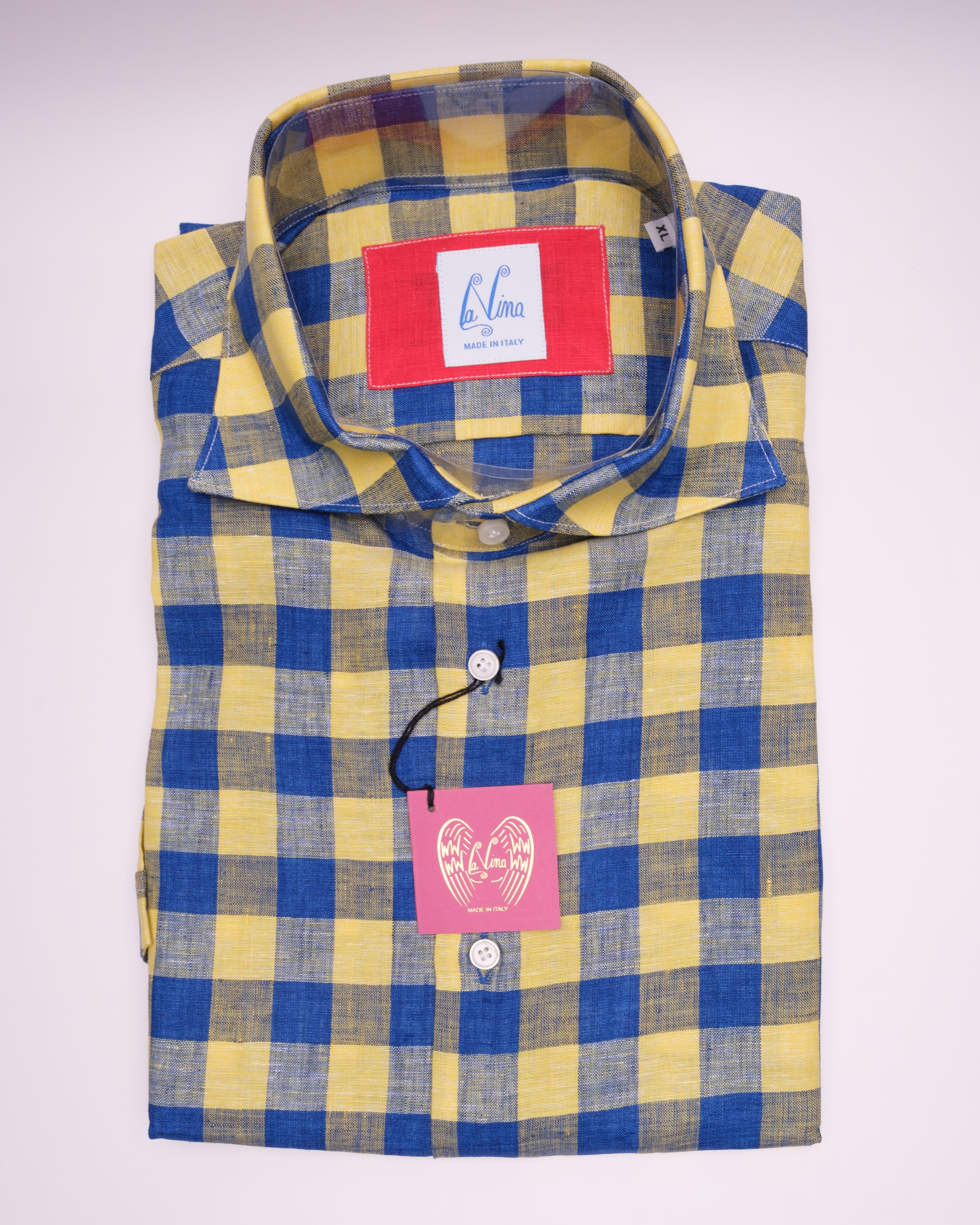 Short Sleeve - Yellow Linen Royal Blue Big Square
